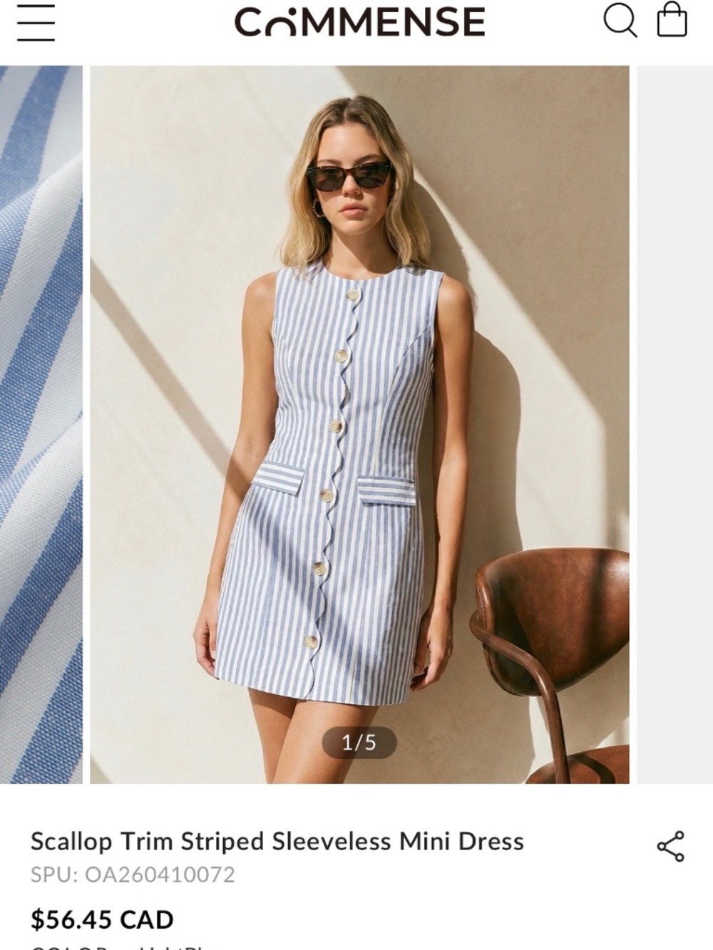Commense Blue and White Scallop Trim Striped Sleeveless Mini Dress